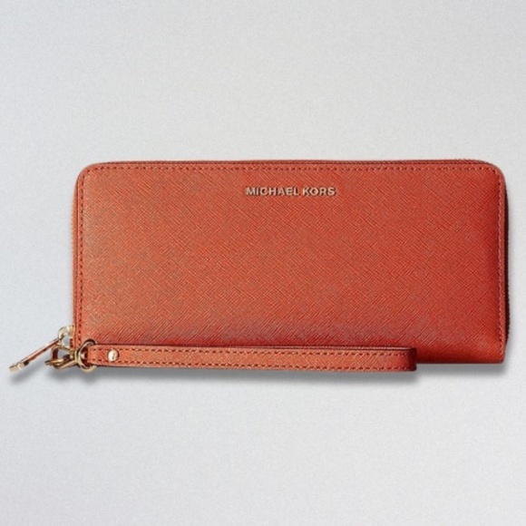 Michael Kors Jet Set Travel Leather Continental Wristlet Burnt Orange Women’s OS - Picture 1 of 13
